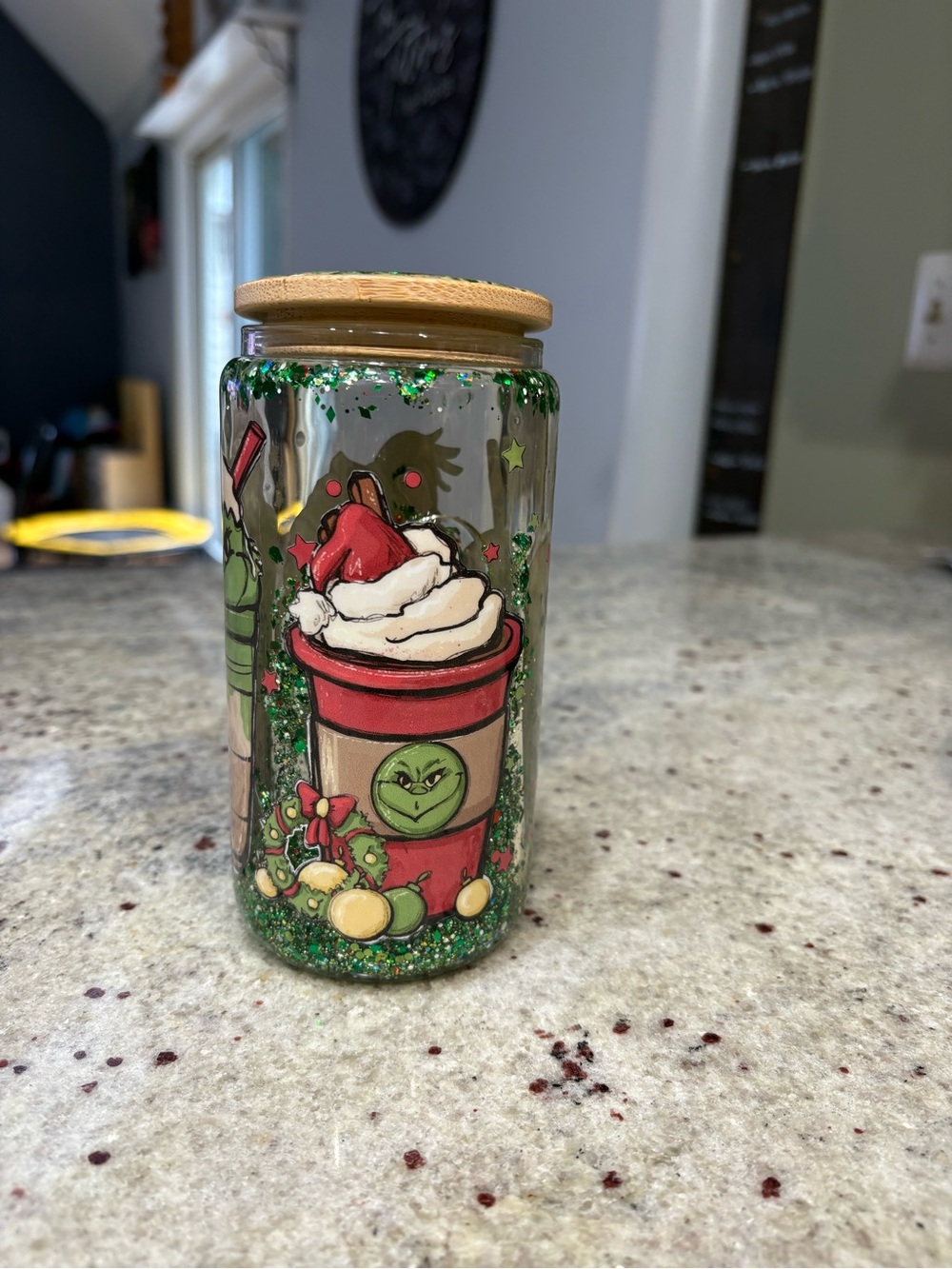 Grinch Green Glitter Decorative Glass Jar with Bamboo Lid